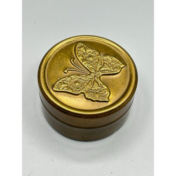 Butterfly Embossed Brass Box Small Cylindric Lidded Trinket Box Red Velvet - Picture 2 of 9